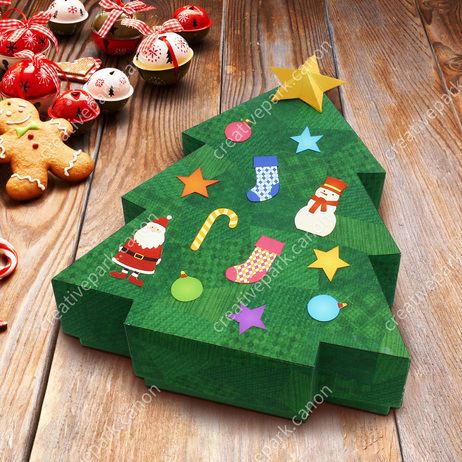 Christmas: Tree Box,Home and Living,Paper Craft,Christmas,bell,socks,ornament,checkered,box,snowman,socks,decoration,decoration,Santa Claus,fir tree,ribbon,reindeer,tree,Santa Claus,tree